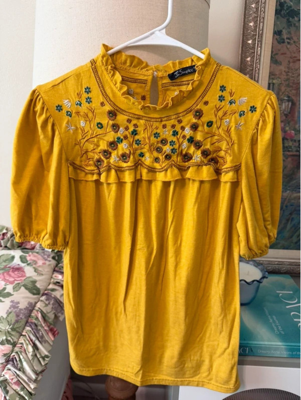 Simplee Mustard Yellow Embroidered Floral Ruffle Top Large
